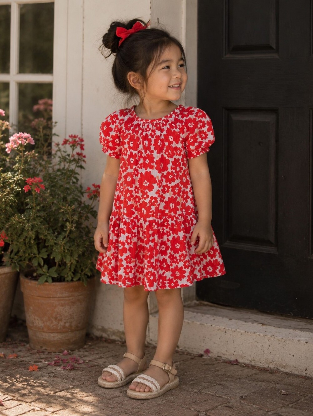 Zara Girls 4-5Y Red Floral Puff Sleeve Open Back Tiered Dress